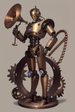 Steampunk robot, very humanlike, made of brass and copper, with lots of cogs and springs, looking like a young swordman, with a curved gramophone horn raising over his shoulder, slim and agile, nimble looking body, and a big winding key at his back, full body image, looking at the camera, humanoid face, rounded surfaces