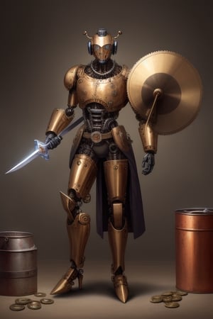 Steampunk robot, very humanlike, made of brass and copper, with lots of cogs and springs adorning his body, looking like a very young swordman, with a curved gramophone horn protruding over his shoulder, a rapier on one hand and an oil can on the other hand, slim and agile, thin and nimble looking body, full body image, looking at the camera, machine humanlike features, rounded limb surfaces, lots of finesse, trusty face, round eyes
