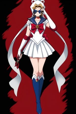 Sailor Moon wearing an Ezio Auditore's white with red rim Assassin's Creed hood on her head covering her face and a hidden blade on her wrist, full body image
,aausagi,serena tsukino,usagitsukino