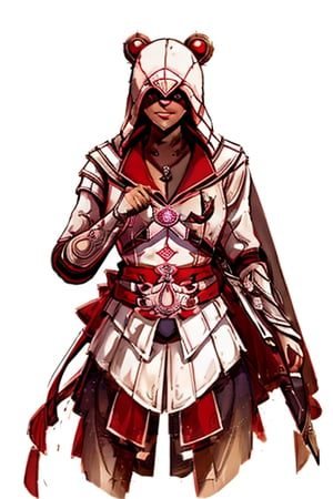 Sailor Moon wearing Ezio Auditore's Assassin's Creed full outfit and a hidden blade on her wrist. The hood covers her face, her hairbuns and ponytails sticking out the hood, blond long hair, twin ponytails, Ezio Auditore pose,usagitsukino,ezio_soul3142,AS