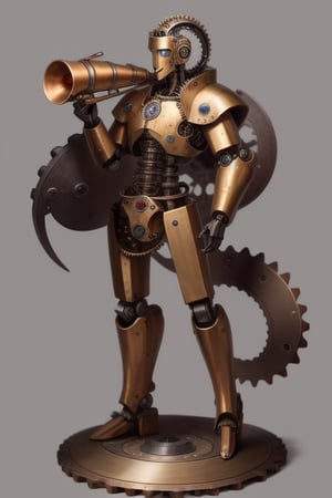 Steampunk robot, very humanlike, made of copper and brass, with lots of cogs and springs, looking like a young swordman, with a curved gramophone horn raising over his shoulder, slim and agile, nimble looking body, and a big winding key at his back, full body image, looking at the camera