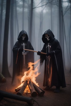 A gang wearing grim reaper costumes lighting a fire in a forest in foggy weather