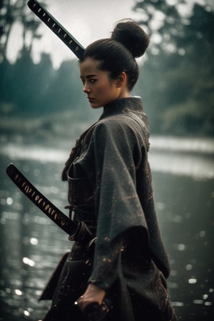 cinematic film still of  sharp detailed, Cinematic Vintage Hollywood Film Style
 full shot, an epic cinematic photo of a woman in a black kimono outfit holding a Katana sword with perfect hand, in field with lake in background, on a rainy day, with a profile face view, in morning sunny day light, female samurai style, shallow depth of field, vignette, highly detailed, high budget, bokeh, cinemascope, moody, epic, gorgeous, film grain, grainy