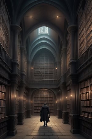 there is a picture of a book store with a man walking through it, gothic epic library concept, gothic epic library, gothic library, library of ruina concept art, ancient library, books cave, magic library, an eternal library, gloomy library, dusty library, alchemist library background, borne space library artwork, vast library, castle library, dark library, endless books