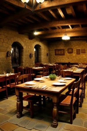 Rural, Medieval, inn, indoors, humble, tables, chairs, dinner plates, quadratic, pivix  