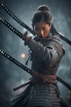 A Japanese swordswoman, wearing a black haori, katana on waist, cinematic,water droplets, raining,in the middle of a battlefield, surrounded by other samurai,long fringe hair, ,scar on face