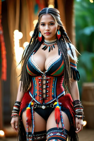 (best quality, 4k, highres, masterpiece:1.2), ultra-detailed, (realistic:1.37), indigenous girl, red black harness, feathers in long dread hair, high heels boots, accessories on arm, beautiful detailed eyes, beautiful detailed lips, ethnic clothing, traditional patterns, graceful posture, subtle smile, vibrant colors, bokeh lighting, portraits