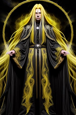a man, mage, yellow long hair, dark fantasy, detailed yellow and black cosmic robe, cosmic staff