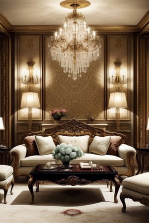 Living room decorated in European style, a luxurious and refined atmosphere. Intricate interior decoration details emphasize the refined style of the room, while a carefully considered decoration design adds an impeccable finishing touch