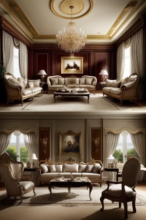 Living room decorated in European style, a luxurious and refined atmosphere. Intricate interior decoration details emphasize the refined style of the room, while a carefully considered decoration design adds an impeccable finishing touch