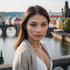 a perfect photo, waist up shot, from above, sharp focus, of a beautiful (Asian Czech:1.3) woman in foreground, in Prague, at the Charles Bridge, river in background
