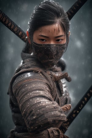 an ultra realistic ultra detailed photograph of masked Japanese samurai girl, posture, beautiful face, oiled white gold skin tone, wet in the rain, ready to fight with katana, full body, scary background and darktone, beautiful detailed face, apocalyptic environment, exquisite detail, 30 megapixels, 4k, Canon EOS 5D Mark IV DSLR, 85mm lens, sharp focus,  intricately detailed, long exposure time, f/8, ISO 100, shutter speed