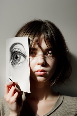 prompt: photograph of a woman who holds a strip of paper in front of her eyes that displays a pencil drawing of eyes, beautiful studio lighting photography in which the drawing of eyes obscures the real eyes