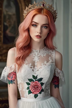 In the vibrant and detailed image, a mesmerizing young British woman with gothic style poses for a high fashion magazine. She is captured in a glossy, photorealistic photograph, showcasing her long peach hair and adorned with colorful rose tattoos. The image is meticulously executed, with high levels of detail and light, enhancing every intricate aspect of the subject's appearance. Additionally, she is showcased wearing a tulle-lace outfit, adding to the overall allure and sophistication of the photo.