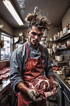 art by Eduard Cortes, Striking Male Butcher, Messy bun hair, Smoky Conditions, equirectangular 360, telephoto lens, complementary colors
