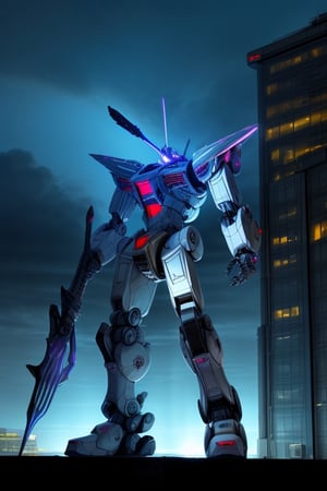 high definition, sky, clouds, spear weapon, glowing, state-of-the-art robot, building, glowing eyes, state-of-the-art mech, science fiction, city, real, blue main mech, core on chest,like Poseidon,