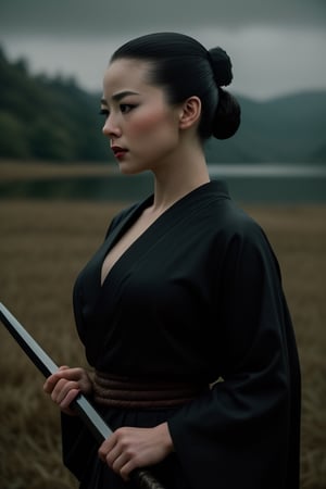cinematic film still of  sharp detailed, Cinematic Vintage Hollywood Film Style
 full shot, an epic cinematic photo of a woman in a black kimono outfit holding a Katana sword with perfect hand, in field with lake in background, on a rainy day, with a profile face view, in morning sunny day light, female samurai style, shallow depth of field, vignette, highly detailed, high budget, bokeh, cinemascope, moody, epic, gorgeous, film grain, grainy