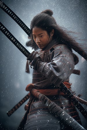 A Japanese swordswoman, wearing a black haori, katana on waist, cinematic,water droplets, raining,in the middle of a battlefield, surrounded by other samurai,long fringe hair, ,scar on face