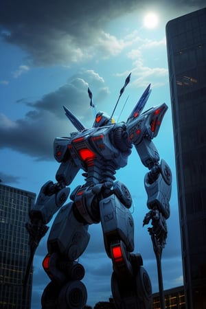 high definition, sky, clouds, spear weapon, glowing, state-of-the-art robot, building, glowing eyes, state-of-the-art mech, science fiction, city, real, blue main mech, core on chest,like Poseidon,