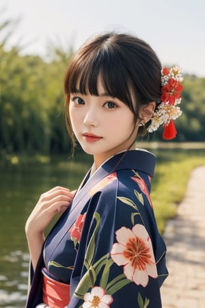 1girl, solo, outdoor, cute japanese model girl, kimono, floral print, hair ornament, looking at viewer, hair flower, brown eyes, bangs, masterpiece, best quality, realistic