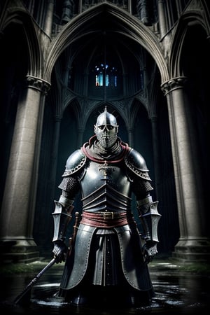 fisheye lens, portrait photo of medieval knight standing inside a gothic church, wet stone, puddles, infinite vaults, bloodborne, dramatic light, low key, candle light