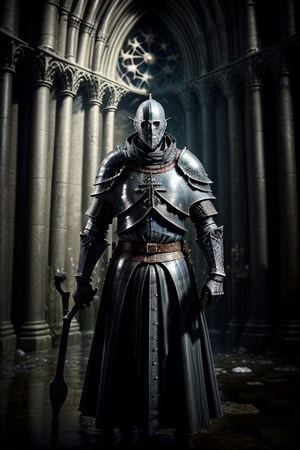 fisheye lens, portrait photo of medieval knight standing inside a gothic church, wet stone, puddles, infinite vaults, bloodborne, dramatic light, low key, candle light