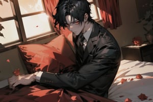 Masterpiece, beautiful, incredible details, 1 guy, anime eye, detail eye, (a handsome young man with short black hair and bright orange eyes, placed on a red silk bed. He is wearing a black casual suit, giving him an intellectual air. He is looking at you with all his attention, surrounded by scattered rose petals. The sunlight shines in from the window on the side of the bed, illuminating the scene and creating a sexy and elegant environment.), a sense of fragmentation, highly detailed background, full HD, 4K, nijistyle, 1 girl