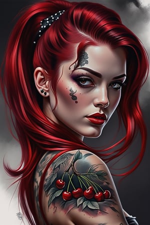 cherry Tattoo , by enki bilal, double exposure. high quality, high detail, (16K Ultra HD), (masterpiece), (best quality), (ultra realistic detail).  (beautiful rockabilly girl), (cherry red hair with dark roots), dark smoky background, 