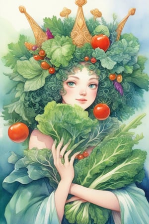 1GIRL,A princess made entirely of vegetables, her gown a vibrant array of lettuce, carrots, and tomatoes. Her hair, a cascade of curly kale, adorned with a crown of radishes and cucumbers. She stands tall and regal, her eyes bright with the colors of her vegetable kingdom. This vegetable princess radiates freshness and health, a whimsical and unique creation of nature's bounty.,watercolor \(medium\)