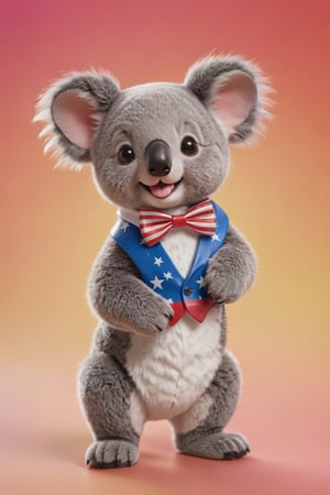1solo KOALA with a subtle smile, wearing an american flag bow tie, hyper realistic soft toy on a colorful (gummi) background, very cute, happy and beautiful, cute detailed illustration expressing joy, fully dressed, tiny, cute scene, stunning, tiny detail, fluffy, beautiful art, 3d render, cinematic, full-body_portrait 