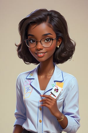 Clean Cartoon-brushstrokes Painting, crisp, simple, colored_lineart_illustration style, 1 woman, (21 years old), melanated female, brown skin, dark skin, type 4 hair, straight hair, blowout, realism, full body, at work, casino, cards, dice, uniform, fully clothed, no smile, beautiful, quirky, glasses, dimples, feminine, soft, freckles, whimsical, happy, young, vibrant, adorable, slender/petite body shape, normal size head, head that fits body, high quality, masterpiece ,3D