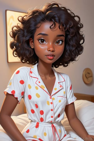 Clean Cartoon-brushstrokes Painting, crisp, simple, colored_lineart_illustration style, 1 woman, (21 years old), melanated female, brown skin, dark skin, type 4 hair, curly hair, realism, waking up, in bed, bed hair, morning, tired, beautiful, quirky, dimples, feminine, soft, freckles, whimsical, happy, young, vibrant, adorable, pajamas, slender/petite body shape, normal size head, head that fits body, high quality, masterpiece ,3D