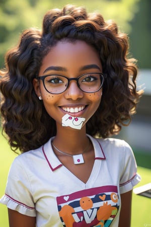 Clean Cartoon Painting, 1 woman (21 years old), melanated female, brown skin, dark skin, type 4 hair, curly hair, realism, at school, in class, self_shot, fully clothed, beautiful, quirky, glasses, smiling, with teeth, dimples, feminine, soft, freckles, whimsical, happy, young, vibrant, adorable, tank top, mature, slender/petite body shape, normal size head, head that fits body, pajama shorts, high quality, masterpiece ,3D