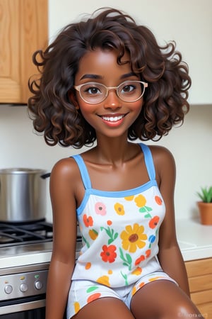 Clean Cartoon-brushstrokes Painting, crisp, simple, colored_lineart_illustration style, 1 woman, (21 years old), melanated female, brown skin, dark skin, type 4 hair, curly hair, realism, kitchen, sitting at the island, self_shot, fully clothed, beautiful, quirky, glasses, smiling, with teeth, dimples, feminine, soft, freckles, whimsical, happy, young, vibrant, adorable, tank top, slender/petite body shape, normal size head, head that fits body, pajama shorts, high quality, masterpiece ,3D