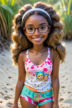 Clean Cartoon-brushstrokes Painting, 1 woman with koala ears, mashup, morph, morphing, and a tail (21 years old), melanated female, brown skin, dark skin, type 4 hair, curly hair, realism, beach, sitting on an island, self_shot, fully clothed, beautiful, quirky, glasses, smiling, with teeth, dimples, feminine, soft, freckles, whimsical, happy, young, vibrant, adorable, tank top, slender/petite body shape, normal size head, head that fits body, pajama shorts, high quality, masterpiece ,3D,fox tail