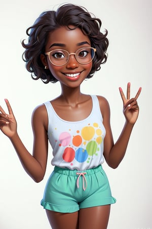Clean Cartoon-brushstrokes Painting, crisp, simple, colored_lineart_illustration style, 1 woman, (21 years old), melanated female, brown skin, dark skin, type 4 hair, realism, bathroom, self_shot, fully clothed, peace sign, beautiful, quirky, glasses, smiling, with teeth, dimples, feminine, soft, freckles, whimsical, happy, young, vibrant, adorable, tank top, slender/petite body shape, normal size head, head that fits body, pajama shorts, high quality, masterpiece ,3D
