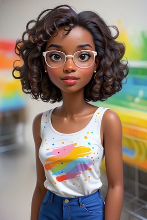 Clean Cartoon-brushstrokes Painting, crisp, simple, colored_lineart_illustration style, 1 woman, (21 years old), melanated female, brown skin, dark skin, type 4 hair, curly hair, realism, store, standing, self_shot, fully clothed, beautiful, quirky, glasses, confused on what to buy, with teeth, dimples, feminine, soft, freckles, whimsical, happy, young, vibrant, adorable, tank top, slender/petite body shape, normal size head, head that fits body, outfit, jeans and shirt, high quality, masterpiece ,3D