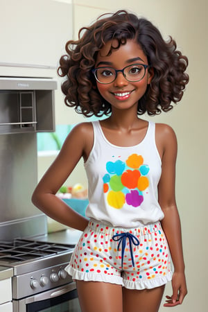 Clean Cartoon-brushstrokes Painting, crisp, simple, colored_lineart_illustration style, 1 woman, (21 years old), melanated female, brown skin, dark skin, type 4 hair, curly hair, realism, kitchen, standing, self_shot, fully clothed, beautiful, quirky, glasses, smiling, with teeth, dimples, feminine, soft, freckles, whimsical, happy, young, vibrant, adorable, tank top, slender/petite body shape, normal size head, head that fits body, pajama shorts, high quality, masterpiece ,3D