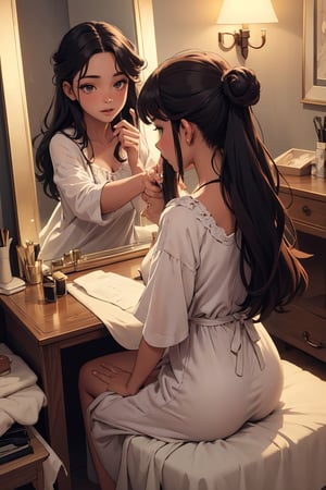 A 20 y/o, women, sitting at a vanity, starring in the mirror, bedroom, at her vanity doing her hair. beautiful, dark skinned, long locks. (Holding paddle brush), brush, hair brush, hair in hand. night gown, ready for bed. Masterpiece, high quality, best quality, 1girl, innocent, shy, happy, cute, (facing mirror), (reflection) 1girl, 