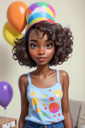 Clean Cartoon-brushstrokes Painting, crisp, simple, colored_lineart_illustration style, 1 woman, (21 years old), melanated female, brown skin, dark skin, type 4 hair, curly hair, realism, birthday party, birthday girl, balloons, party hat, home, living room, self_shot, fully clothed, beautiful, quirky, glasses, dimples, feminine, soft, freckles, whimsical, happy, young, vibrant, adorable, tank top, slender/petite body shape, normal size head, head that fits body, outfit, jeans and shirt, high quality, masterpiece ,3D