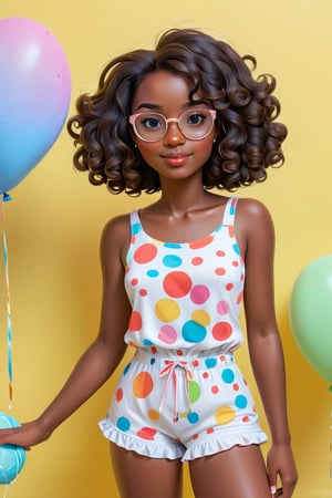 Clean Cartoon-brushstrokes Painting, crisp, simple, colored_lineart_illustration style, 1 woman, (21 years old), melanated female, brown skin, dark skin, type 4 hair, curly hair, realism, birthday party, birthday girl, balloons, home, living room, self_shot, fully clothed, beautiful, quirky, glasses, dimples, feminine, soft, freckles, whimsical, happy, young, vibrant, adorable, tank top, slender/petite body shape, normal size head, head that fits body, outfit, bathing suit with shorts, bottoms pants, one piece bathing suit, high quality, masterpiece ,3D