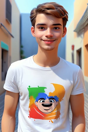 Clean Cartoon-brushstrokes Painting, crisp, simple, colored_lineart_illustration style, 1 boy, (21 years old), light skin, white, Italian brown, realism, cool, Nonchalant, full body, t-shirt, clothes, male model, pose, posing, photography, Instagram, selfie, smiling, , handsome, quirky, innocent, masculine, hard, innocent, whimsical, happy, young, vibrant, cute, slender/skinny body shape, normal size head, head that fits body, high quality, masterpiece ,3D