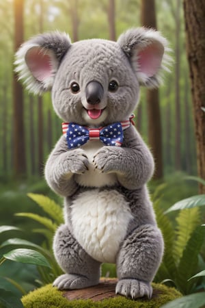 1solo KOALA with a subtle smile, wearing an american flag bow tie, hyper realistic soft toy on a colorful Forrest background, very cute, happy and beautiful, cute detailed illustration expressing joy, fully dressed, playful, tiny, cute scene, stunning, tiny detail, fluffy, beautiful art, 3d render, cinematic, full-body_portrait, holding_flower, 