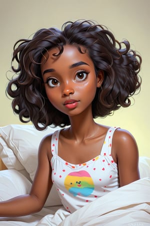 Clean Cartoon-brushstrokes Painting, crisp, simple, colored_lineart_illustration style, 1 woman, (21 years old), melanated female, brown skin, dark skin, type 4 hair, curly hair, realism, waking up, in bed, bed hair, morning, tired, beautiful, quirky, dimples, feminine, soft, freckles, whimsical, happy, young, vibrant, adorable, pajamas, ponytail, slender/petite body shape, normal size head, head that fits body, high quality, masterpiece ,3D