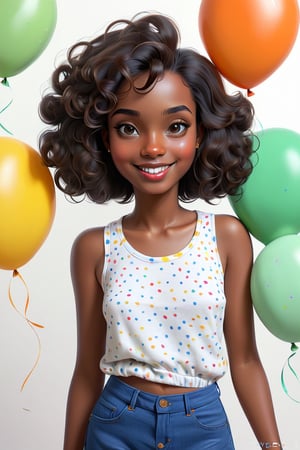 Clean Cartoon-brushstrokes Painting, crisp, simple, colored_lineart_illustration style, 1 woman, (21 years old), melanated female, brown skin, dark skin, type 4 hair, curly hair, realism, birthday party, birthday girl, balloons, home, living room, self_shot, fully, smiling,happy,clothed, beautiful, quirky, glasses, dimples, feminine, soft, freckles, whimsical, happy, young, vibrant, adorable, tank top, slender/petite body shape, normal size head, head that fits body, outfit, jeans and shirt, high quality, masterpiece ,3D