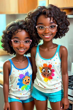 Clean Cartoon-brushstrokes Painting, crisp, simple, colored_lineart_illustration style, twins, 1 girl, 1 boy, (21 years old), melanated siblings, brown skin, dark skin, type 4 hair, curly hair, realism, kitchen, sitting at the island, self_shot, fully clothed, beautiful, quirky, glasses, smiling, with teeth, dimples, feminine, soft, freckles, whimsical, happy, young, vibrant, adorable, tank top, slender/petite body shape, normal size head, head that fits body, pajama shorts, high quality, masterpiece ,3D, boy no glasses, no smile,