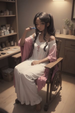 A 20 y/o, women, sitting in a chair, bedroom, at her vanity doing her hair. beautiful, dark skinned, long locks. paddle brush, brush, hair brush, hair in hand. night gown, ready for bed. Masterpiece, high quality, best quality, 1girl, innocent, shy, happy, cute, 