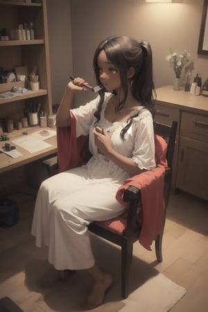 A 20 y/o, women, sitting in a chair, bedroom, at her vanity doing her hair. beautiful, dark skinned, long locks. paddle brush, brush, hair brush. night gown, ready for bed. Masterpiece, high quality, best quality, 1girl, innocent, shy, happy, cute, 