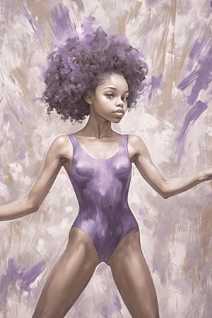 Abstract artistic background. Vintage illustration, (beautiful mixed girl black and white, mulatto, wearing a purple leotard: 1.4),  at a dance studio, practicing ballet, figures, golden brushstrokes. Textured background. Oil on canvas. modern Art. grey, wallpaper, poster, card, mural, print, wall art, detailmaster2,  Dreamwave

Add_any_gymnastics_skill,Fairy,e235