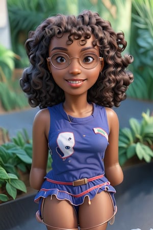 Crisp, 3d, animation, toons, 1 woman, (21 years old), melanated female, brown skin, dark skin, type 4 hair, curly hair, realism, out and about, outside, coffee shop, coffee, self_shot, fully clothed, beautiful, quirky, glasses, smiling, with teeth, dimples, feminine, soft, freckles, whimsical, happy, young, vibrant, adorable, tank top, slender/petite body shape, normal size head, head that fits body, tank top, blue_jeans, skinny jeans, high quality, masterpiece ,3D,Cartoon